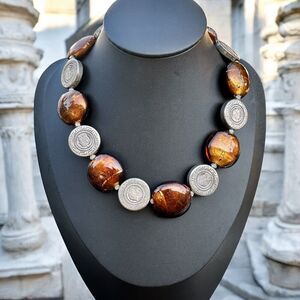 Vintage Roman Coin Statement Necklace Silver Tone & Amber Glass Beads 80s Greco